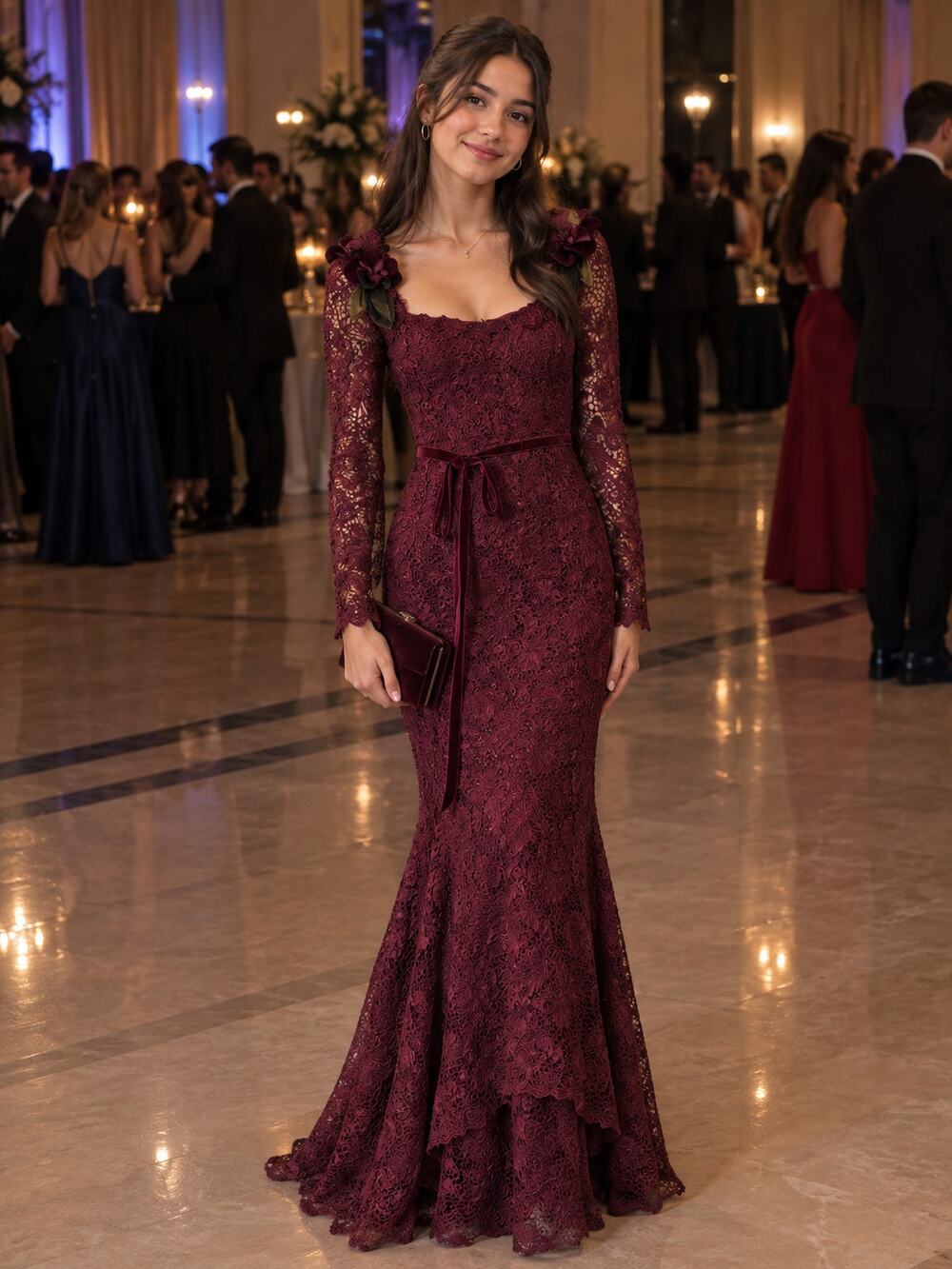 Muse by Marchesa Burgundy Lace Mermaid Evening Dress